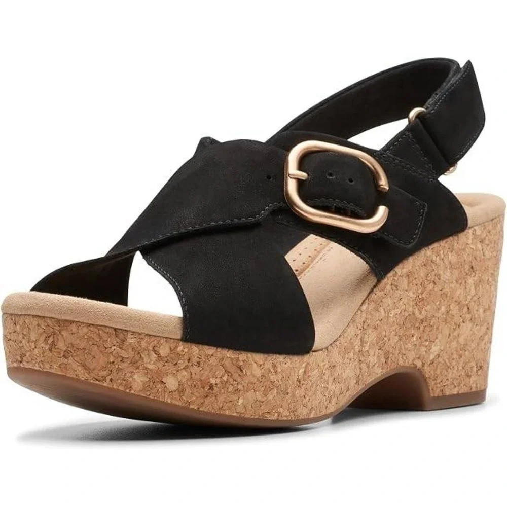 Clarks Giselle Dove Womens Sandals Black Nubuck Leather Wedge 9 Wide NWT
